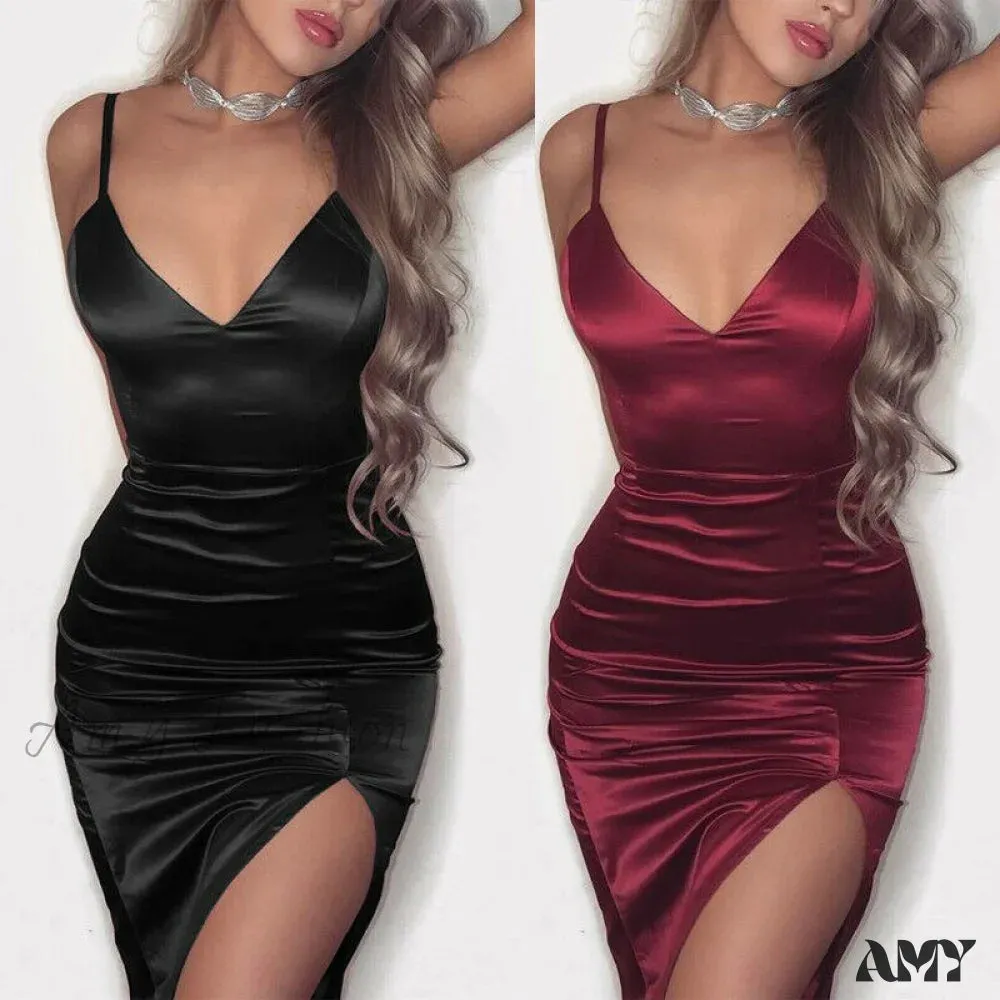 Amy Fashion - Sexy Solid V-Neck Bodycon Sleeveless Mini Dresses