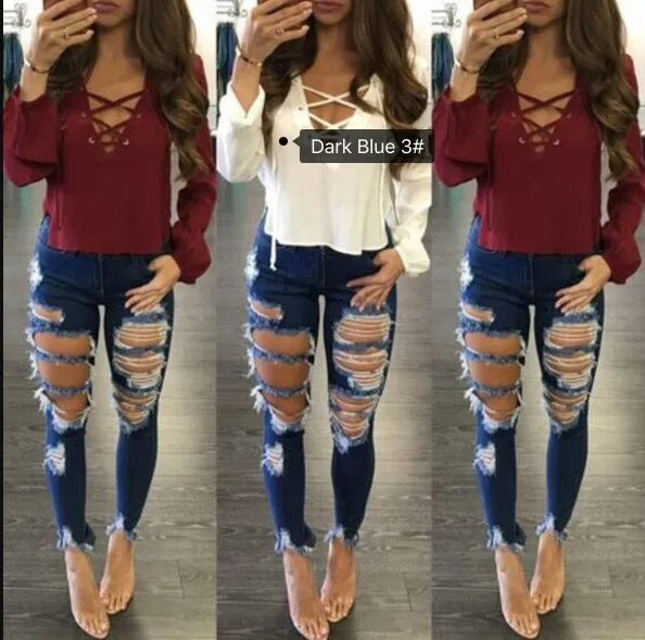 Beggar Style Cut Out Rough Holes Denim Pants Jeans