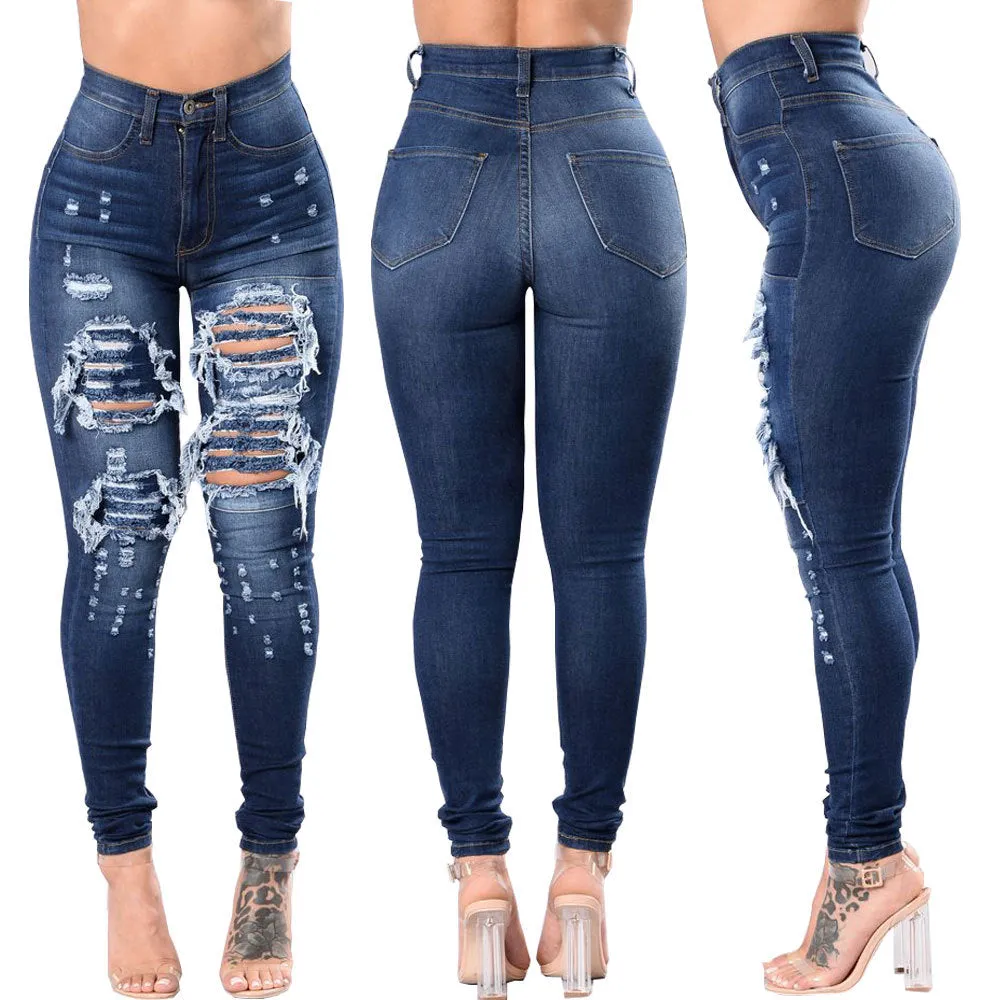 Beggar Style Cut Out Rough Holes Denim Pants Jeans