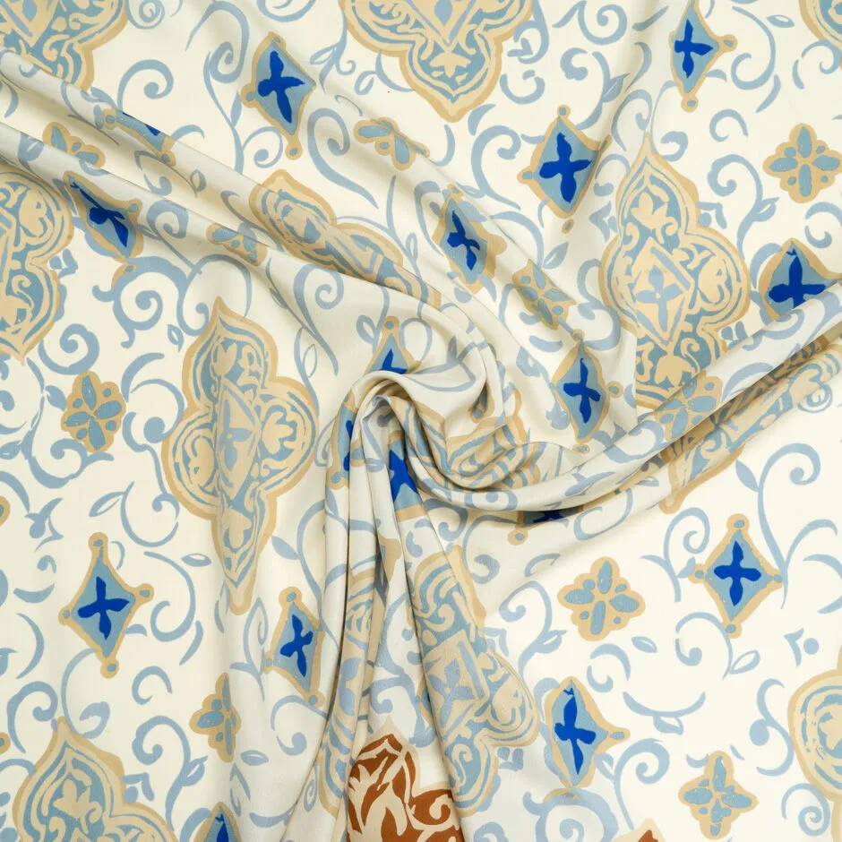 Blue & Beige Printed Silk Crêpe de Chine