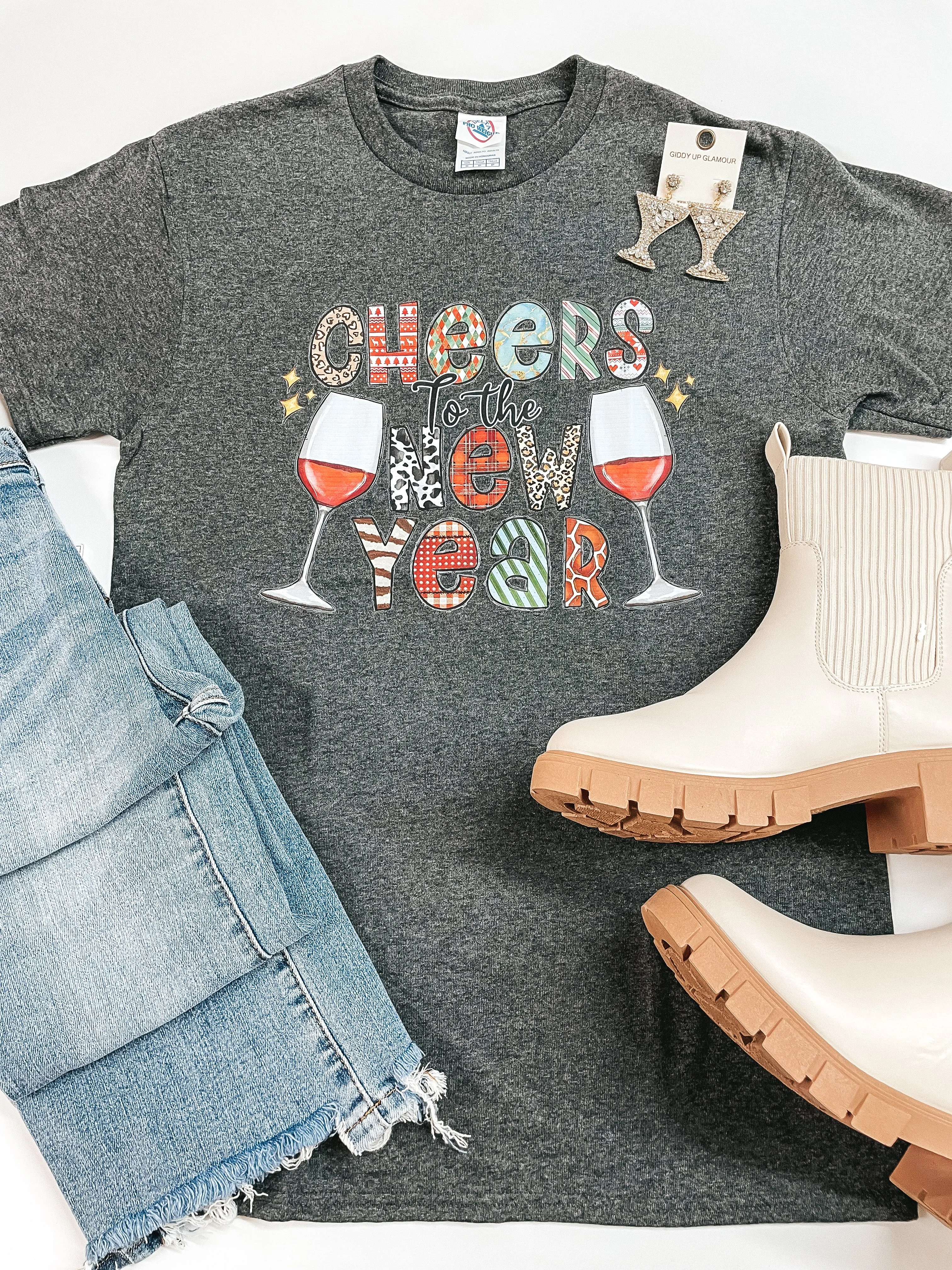 Cheers To The New Year Short Sleeve Graphic Tee in Charcoal Grey