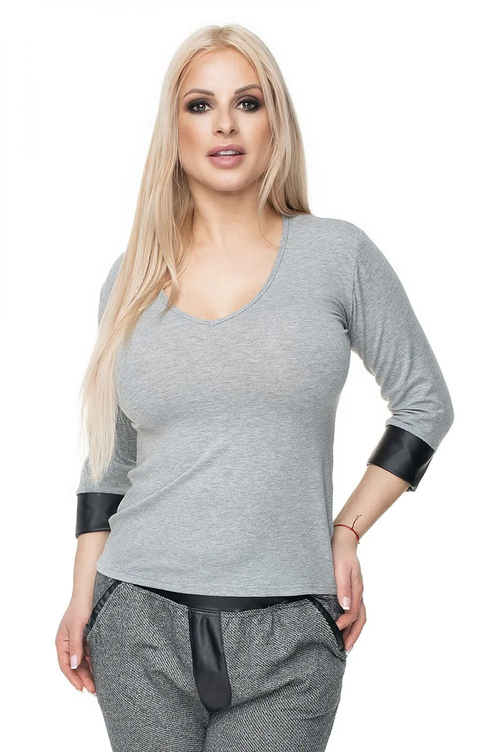 Chic Eco-Leather V-Neck Blouse by PeeKaBoo