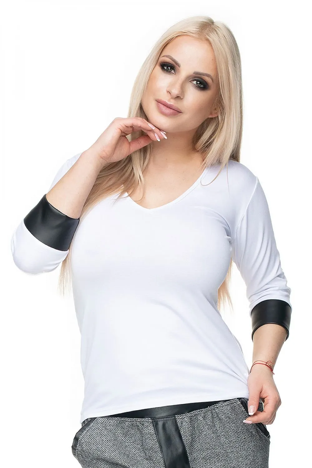 Chic Eco-Leather V-Neck Blouse by PeeKaBoo