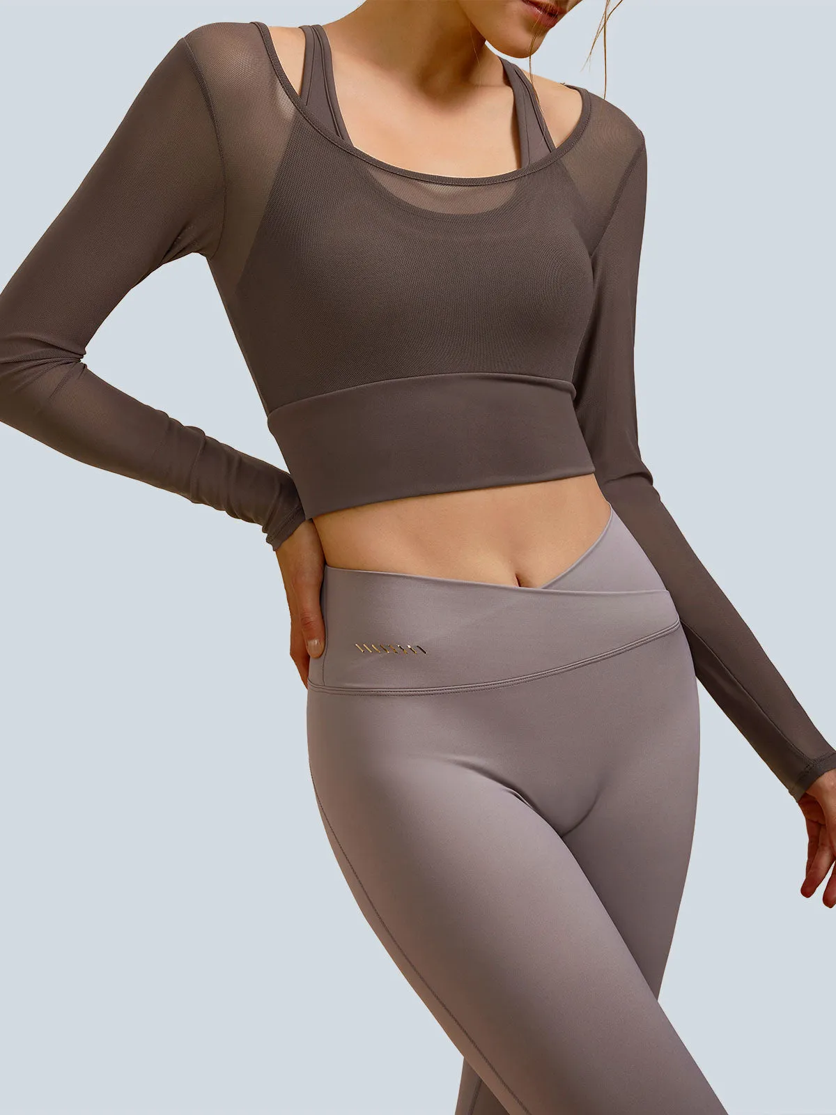 Coffee U Neck Long Sleeve Top - Light Support