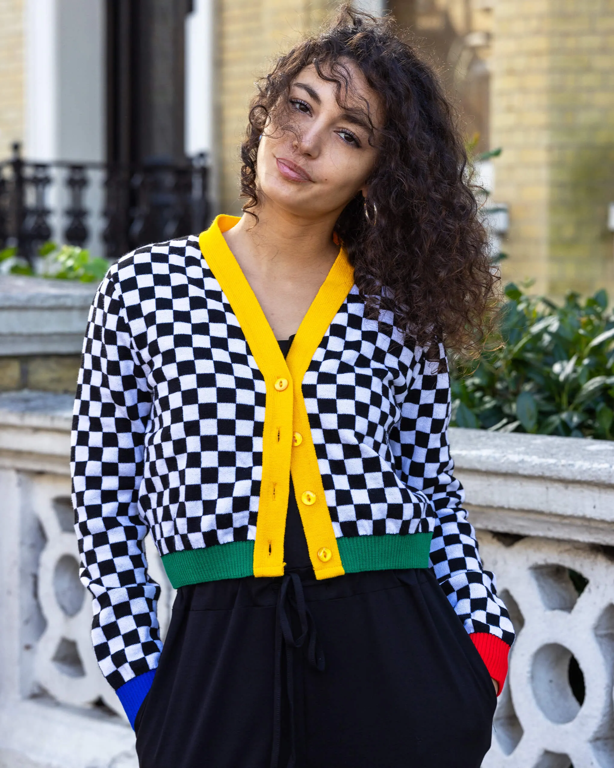 Colour Block Checkerboard Cropped Cardigan