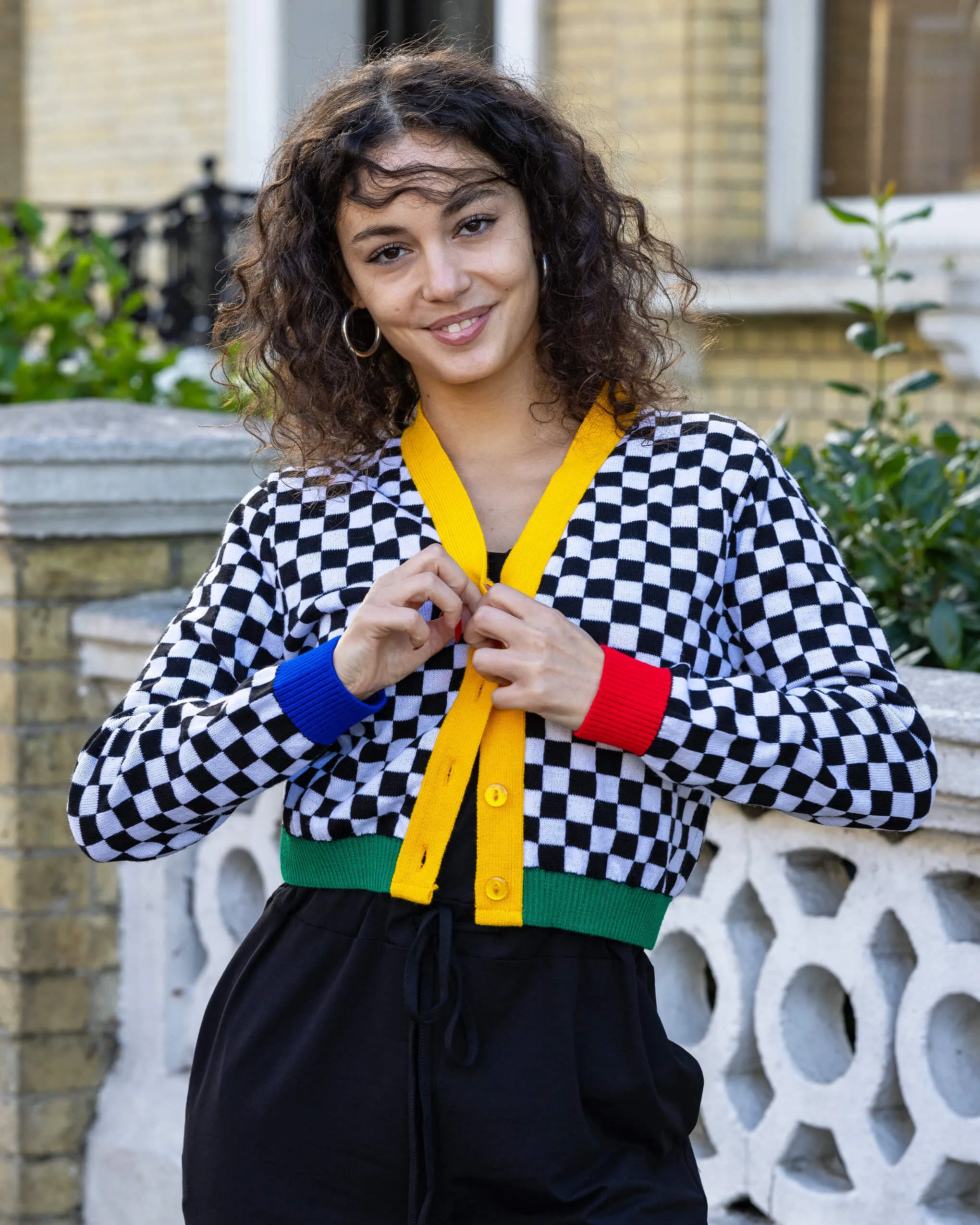 Colour Block Checkerboard Cropped Cardigan