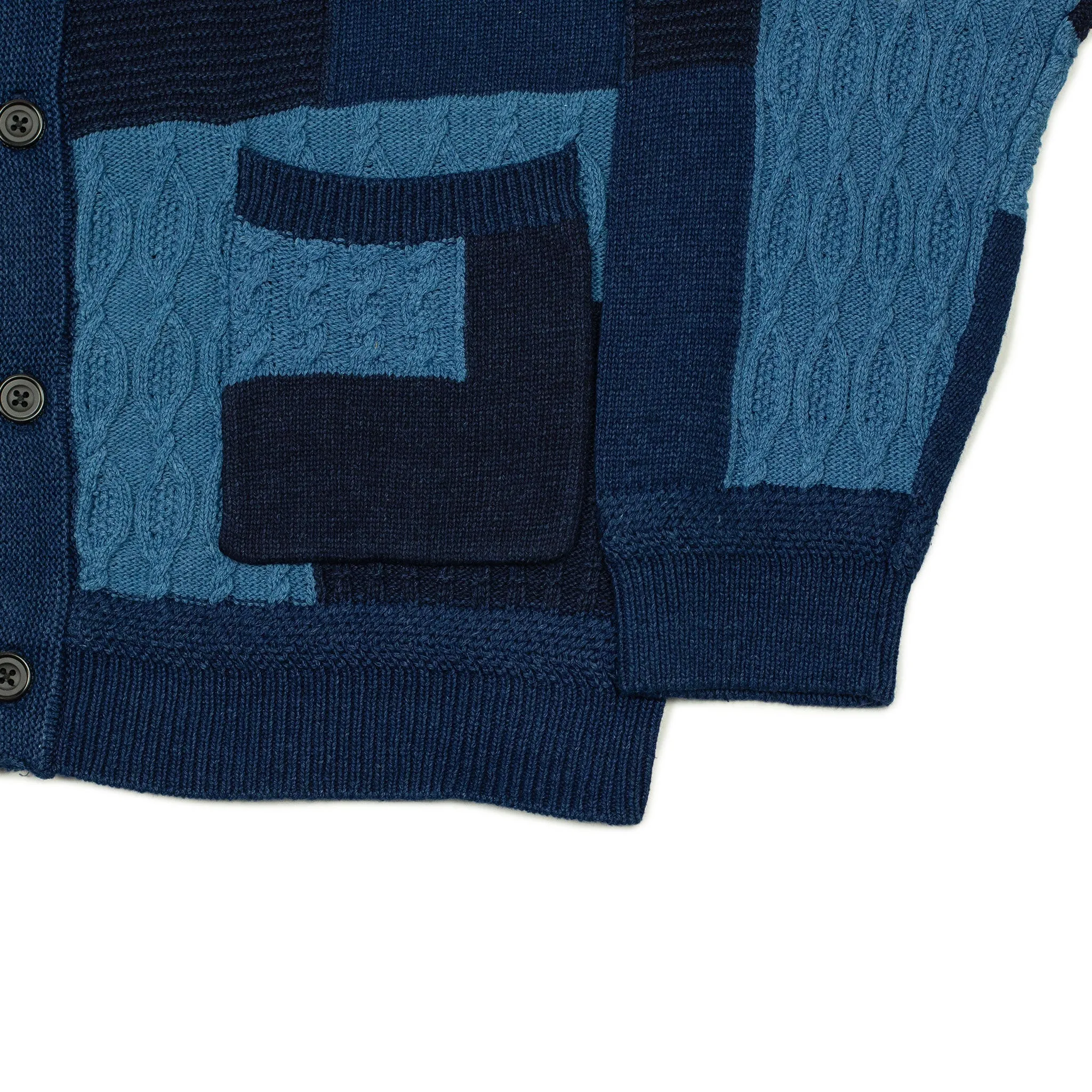 Crazy patchwork cable knit cardigan in indigo-dyed cotton