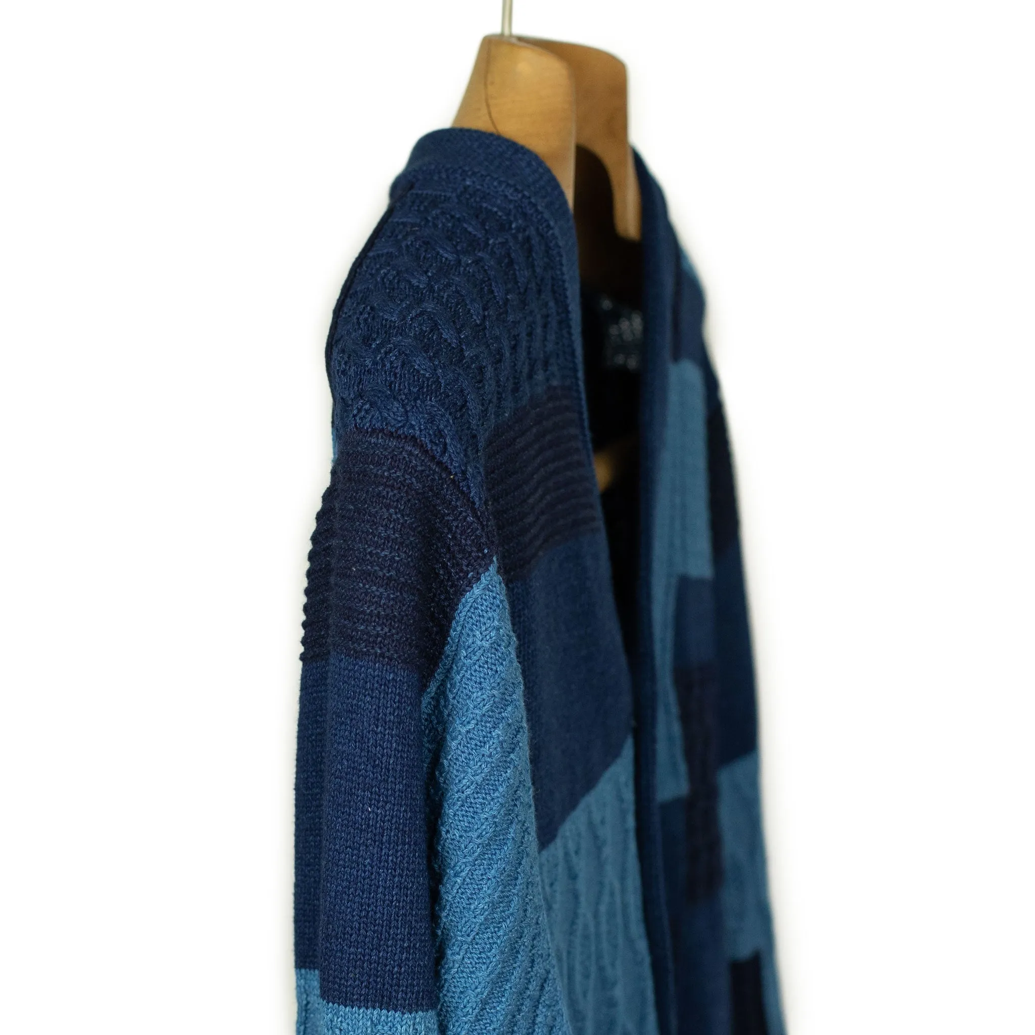 Crazy patchwork cable knit cardigan in indigo-dyed cotton