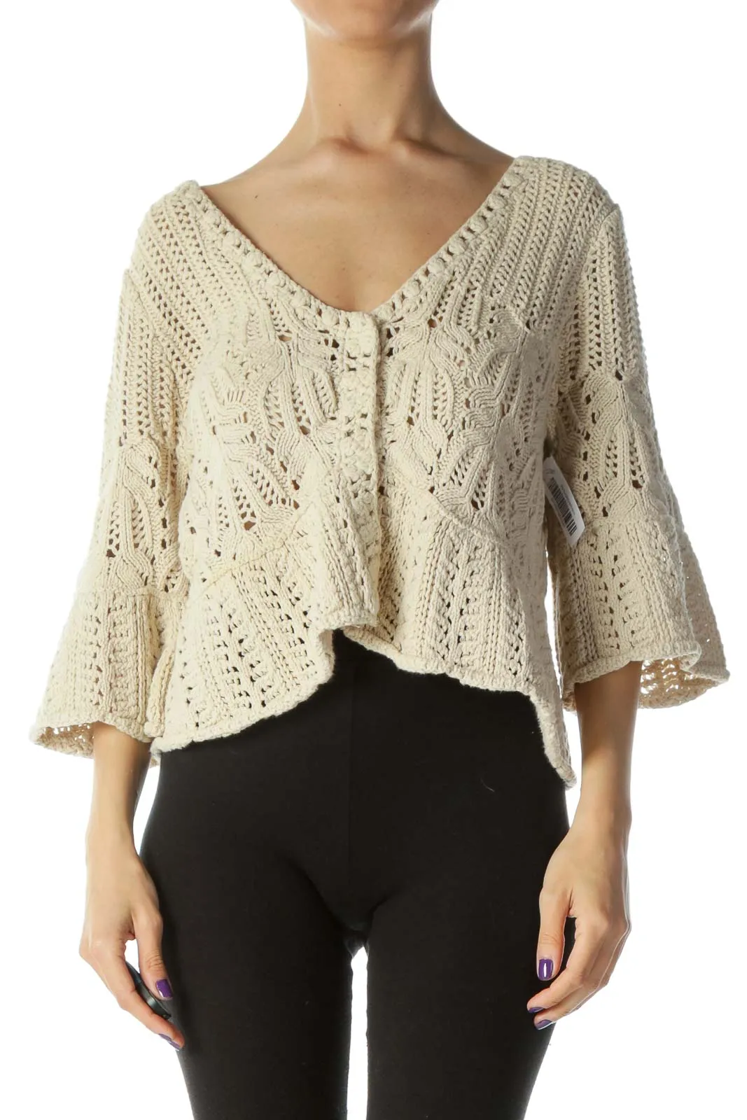 Cream Crochet Knit Cropped Cardigan