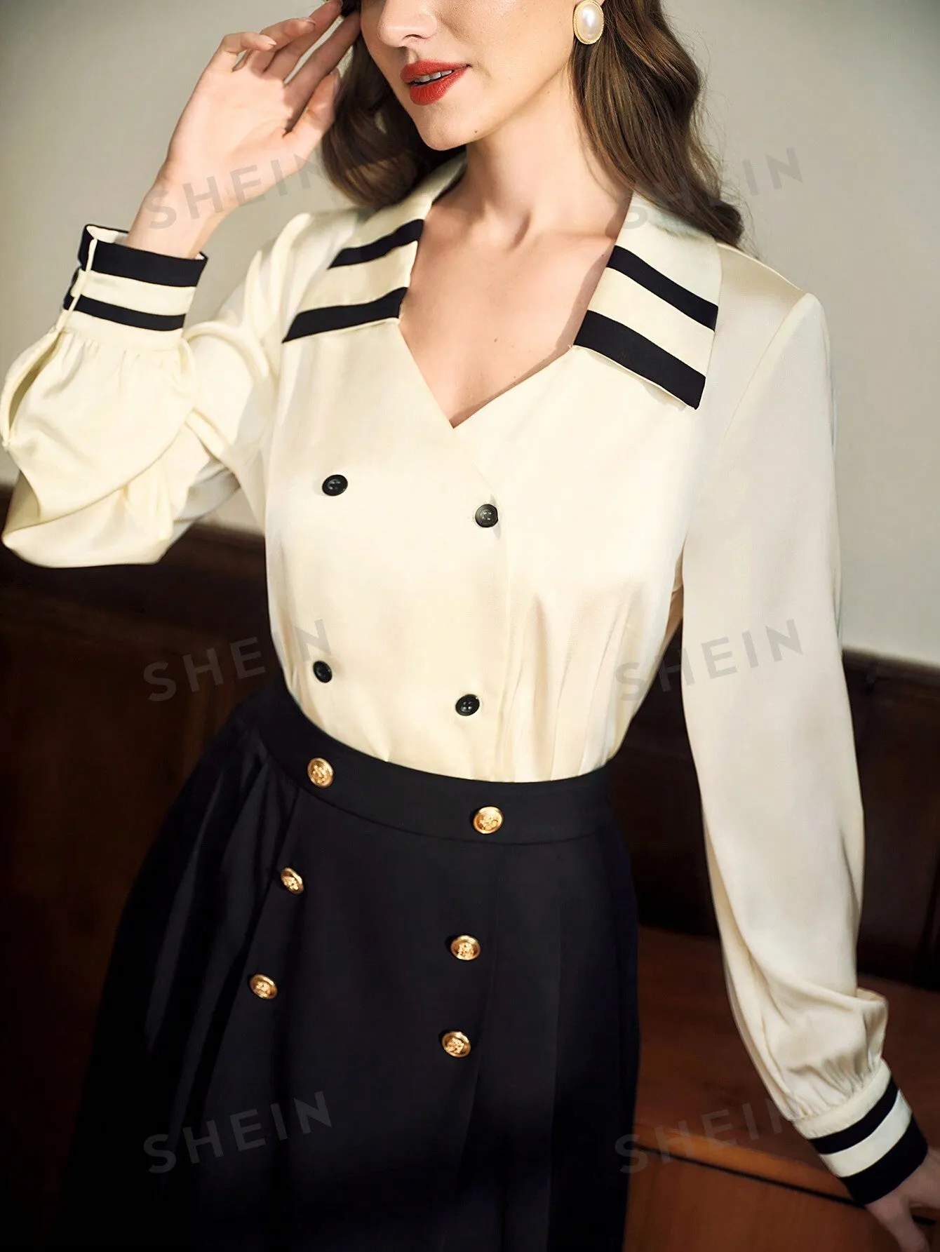 DECDS Vintage Elegant Fitted Collar Ladies Blouse