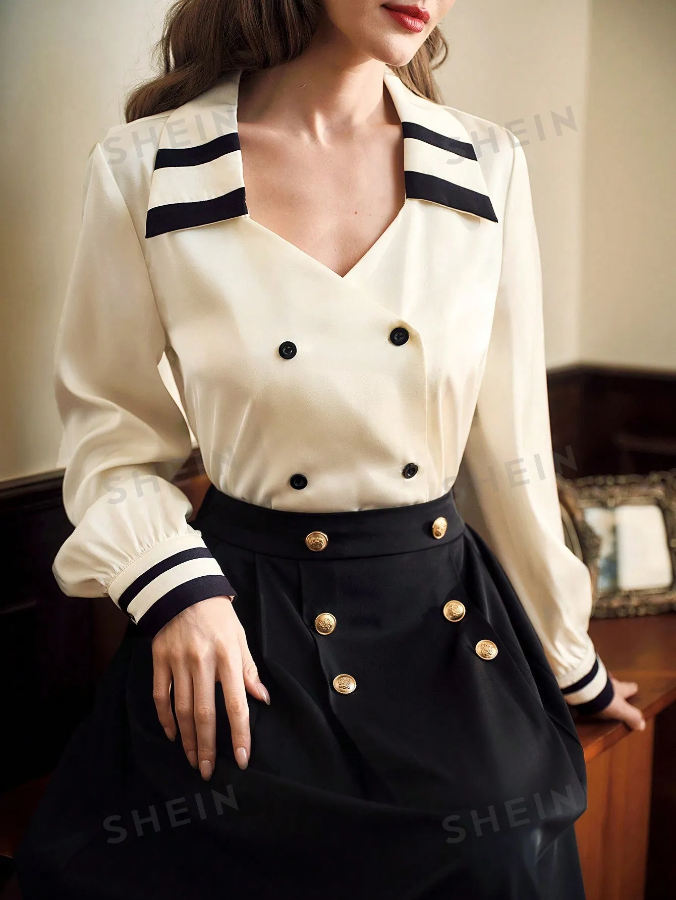 DECDS Vintage Elegant Fitted Collar Ladies Blouse