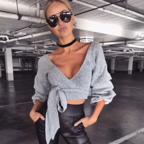 Deep V-neck Solid Color Bandage Straps Women Cropped Sweater