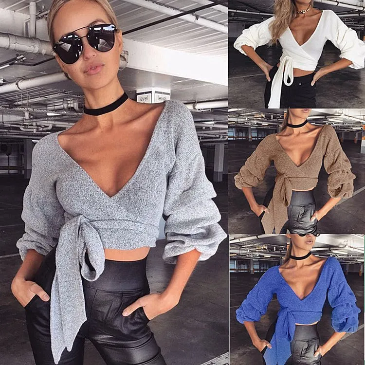 Deep V-neck Solid Color Bandage Straps Women Cropped Sweater