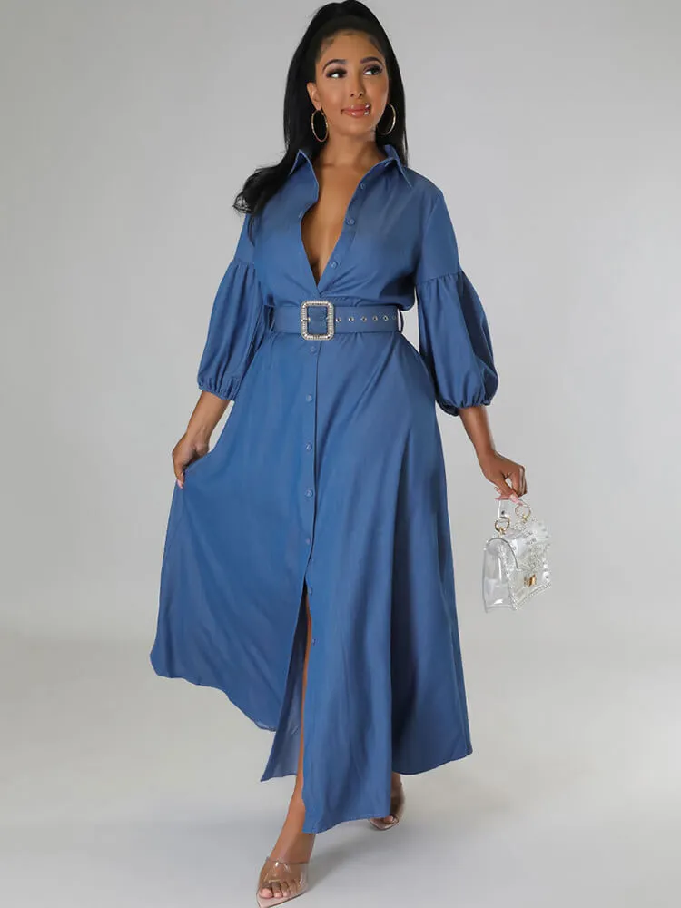 Denim Lantern Sleeve Bodycon Maxi Dresses