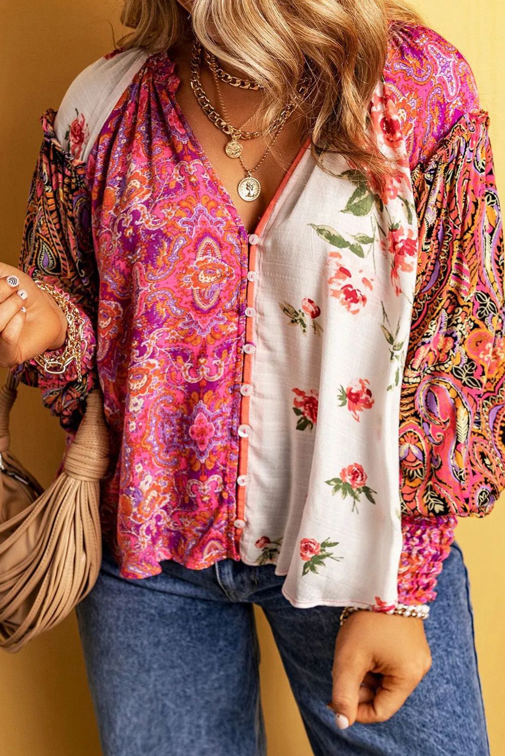 Floral Shirred Cuffs Buttoned Blouse