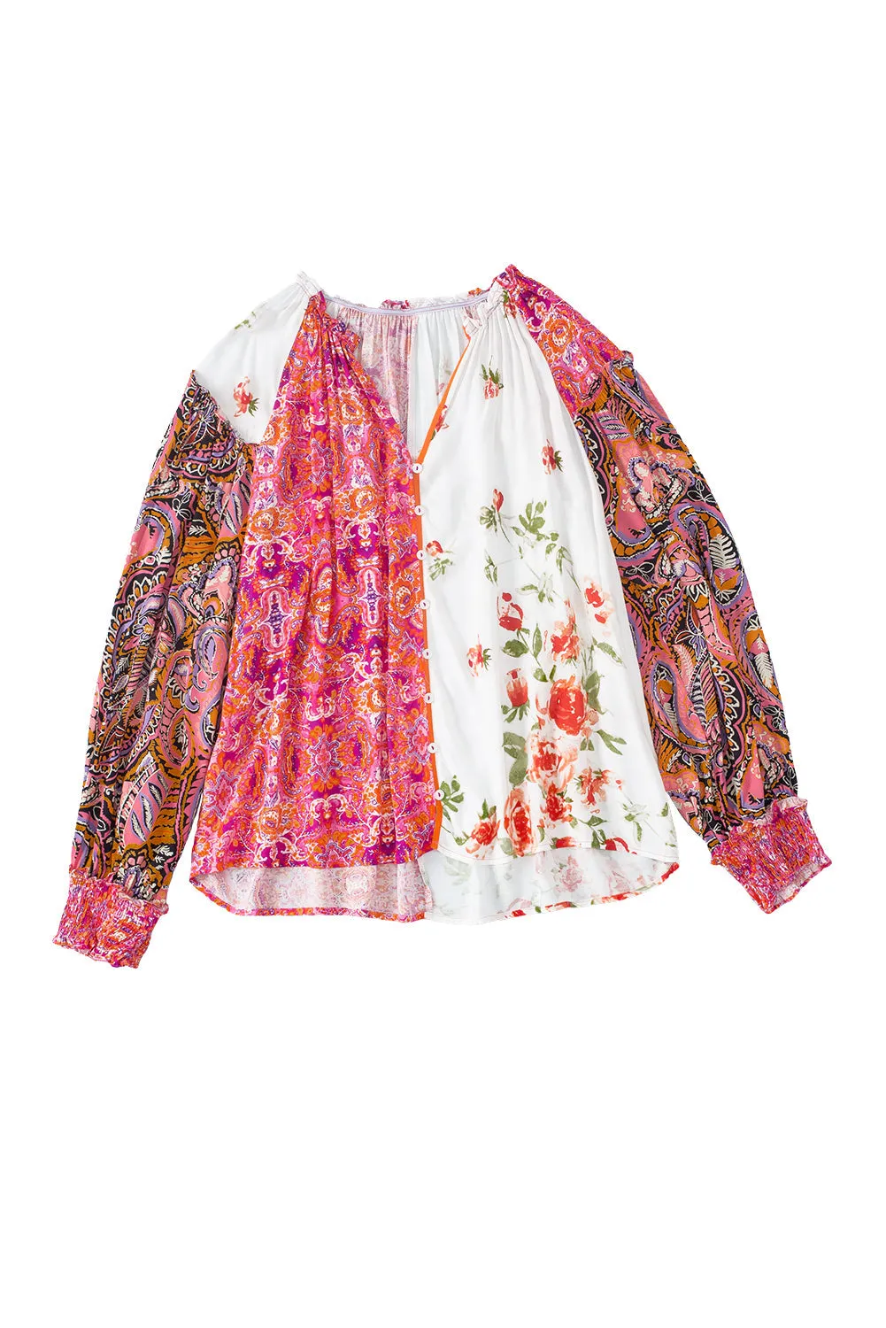 Floral Shirred Cuffs Buttoned Blouse