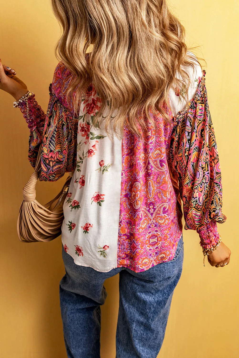 Floral Shirred Cuffs Buttoned Blouse