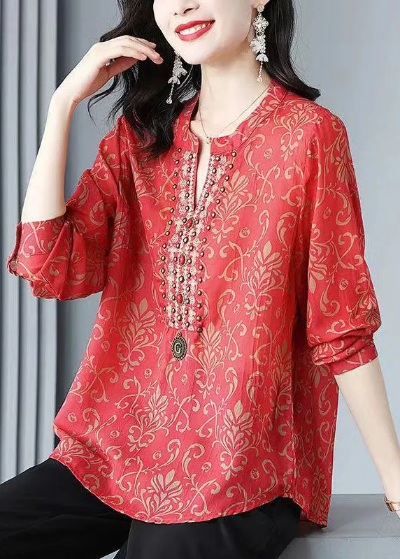 French Red V Neck Print Rivet Patchwork Silk Blouse Tops Spring TP1005