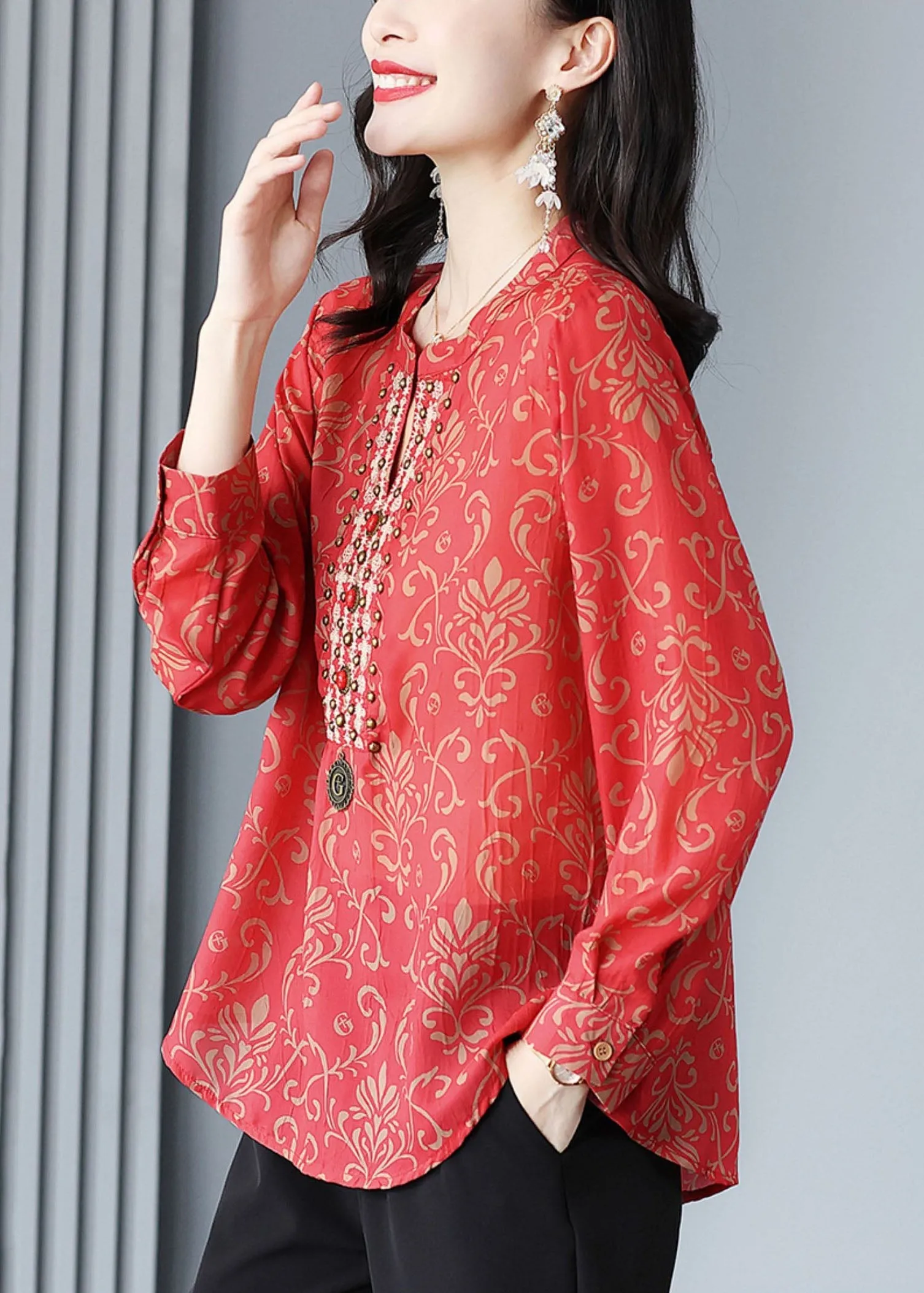 French Red V Neck Print Rivet Patchwork Silk Blouse Tops Spring TP1005