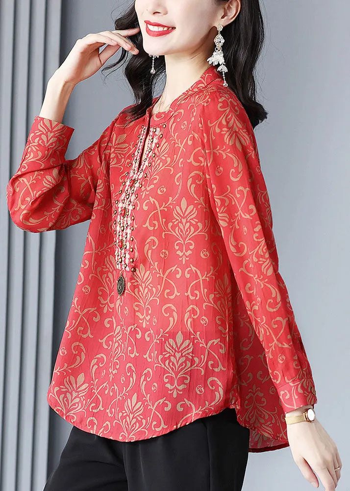 French Red V Neck Print Rivet Patchwork Silk Blouse Tops Spring TP1005