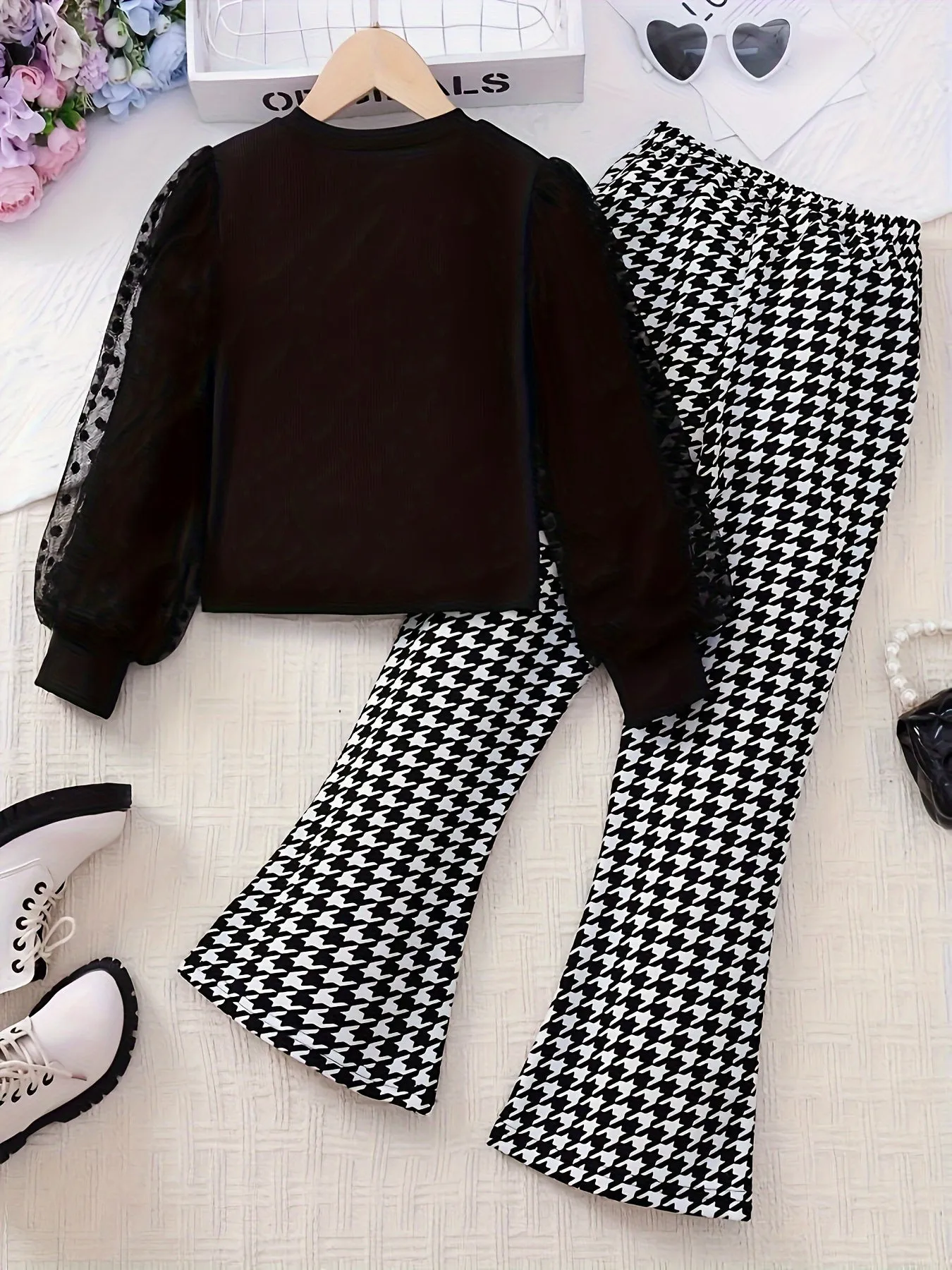 Girl's 2pcs Houndstooth Pattern Outfit