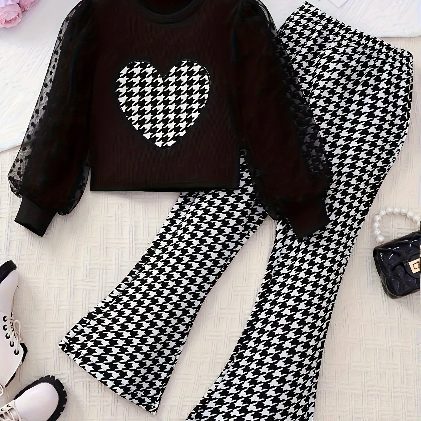 Girl's 2pcs Houndstooth Pattern Outfit