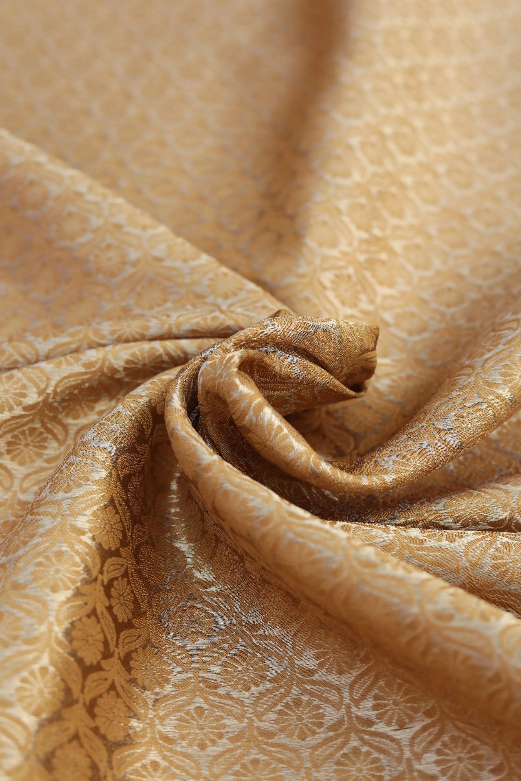 Golden Brown Pure Two Tone Banarasi Gold Zari with Ornate Jal Butta Jacquard Fabric