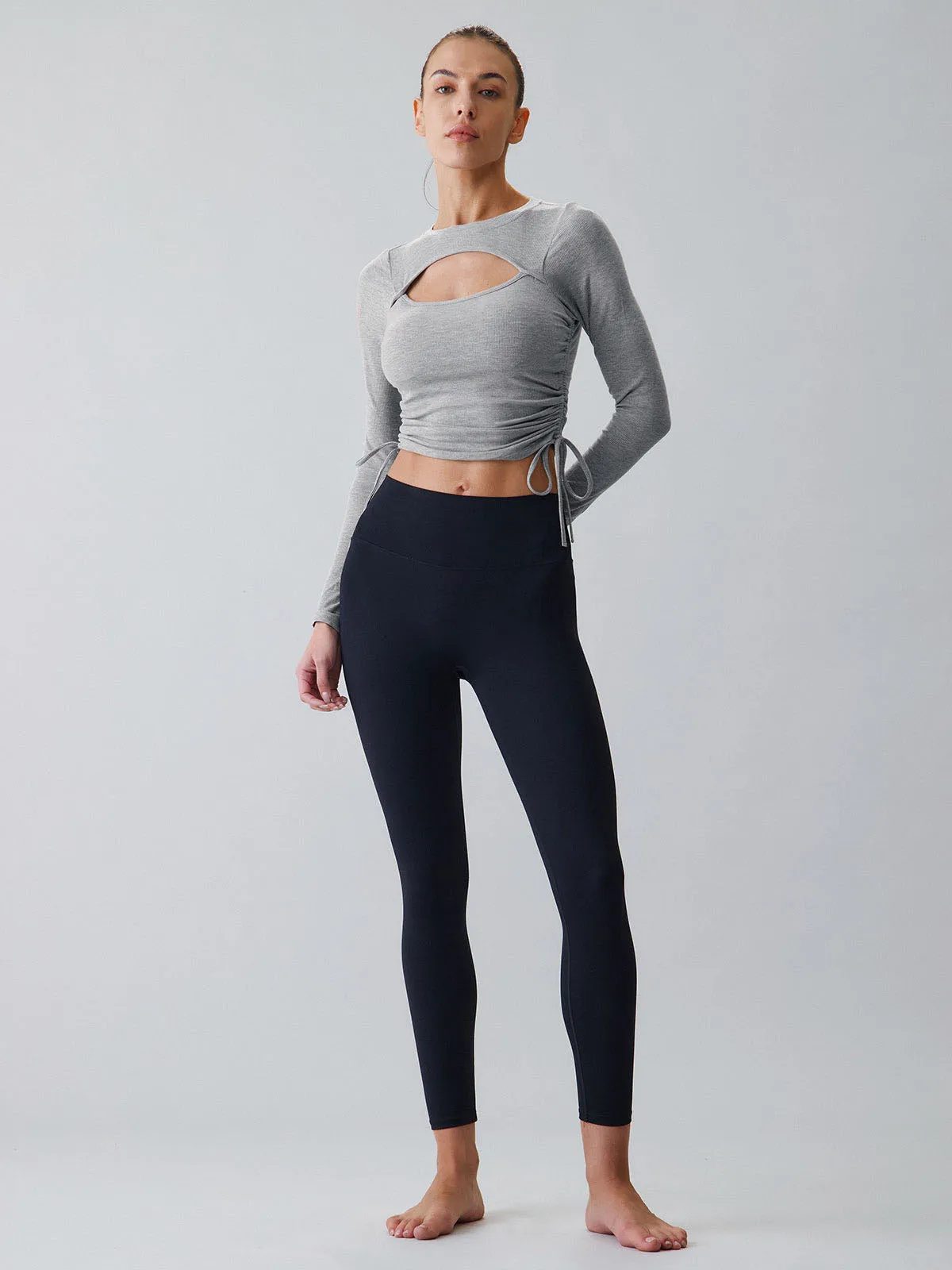 Grey Cut Out Drawstring Long Sleeve Top - Light Support