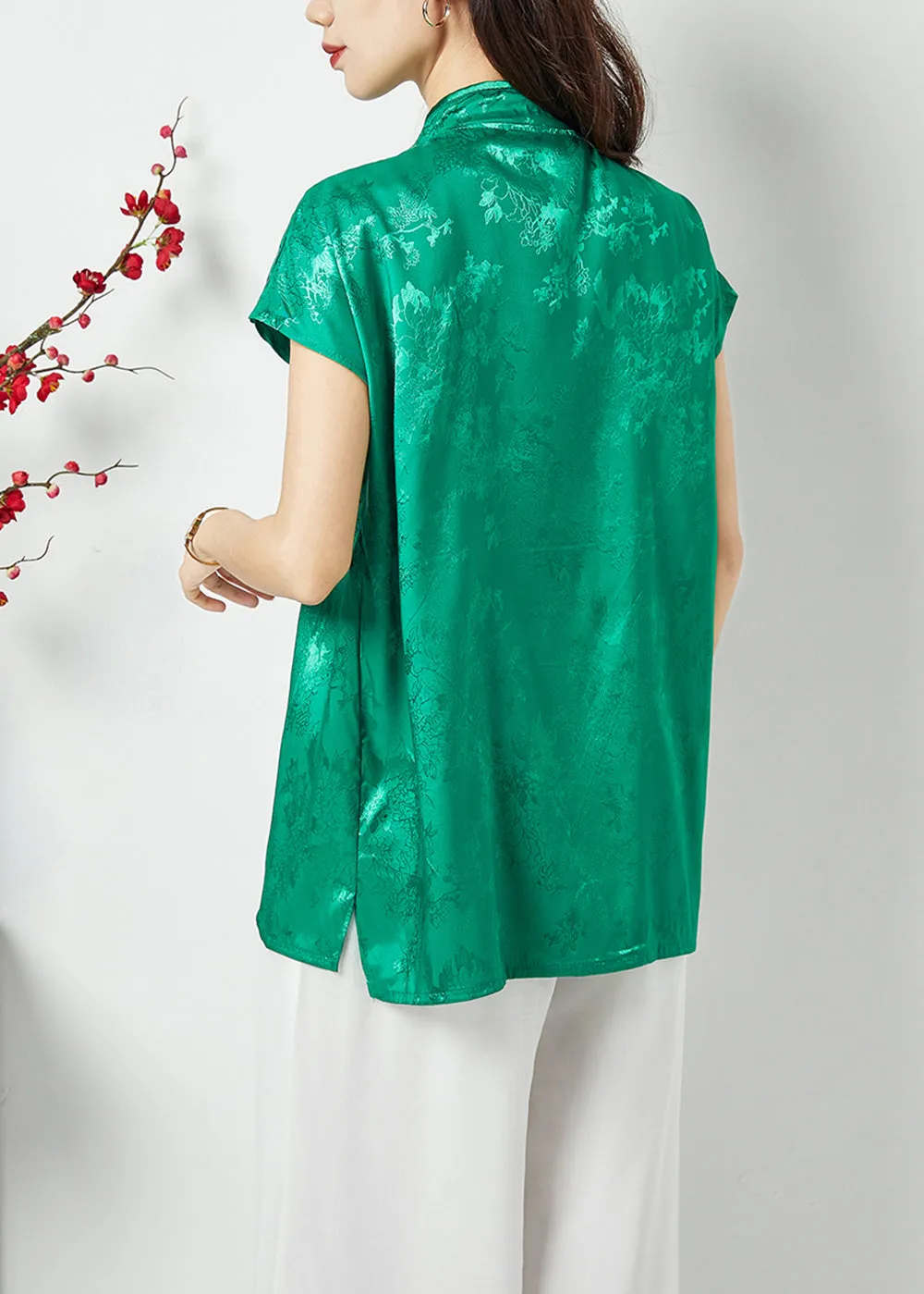 Handmade Green Asymmetrical Patchwork Jacquard Silk Oriental Tops Summer LC0398