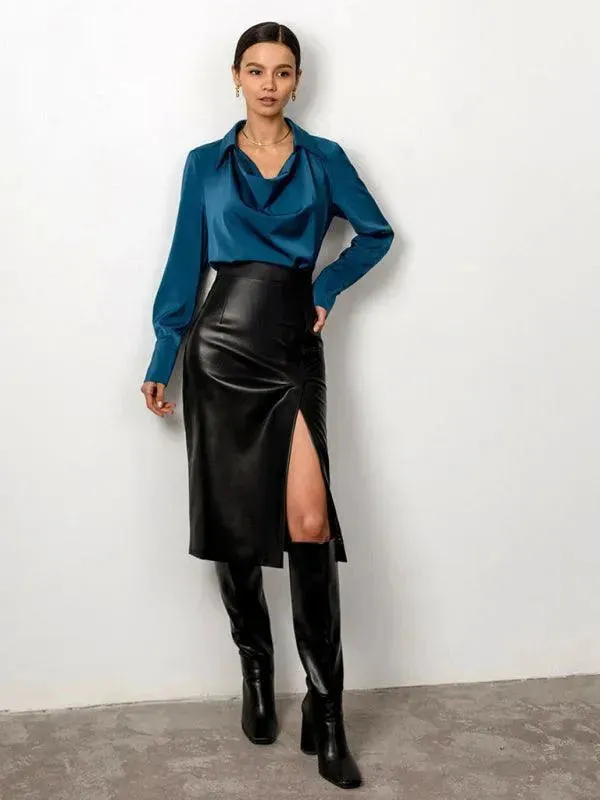 High Waist Leather Sheath Skirt with Slit