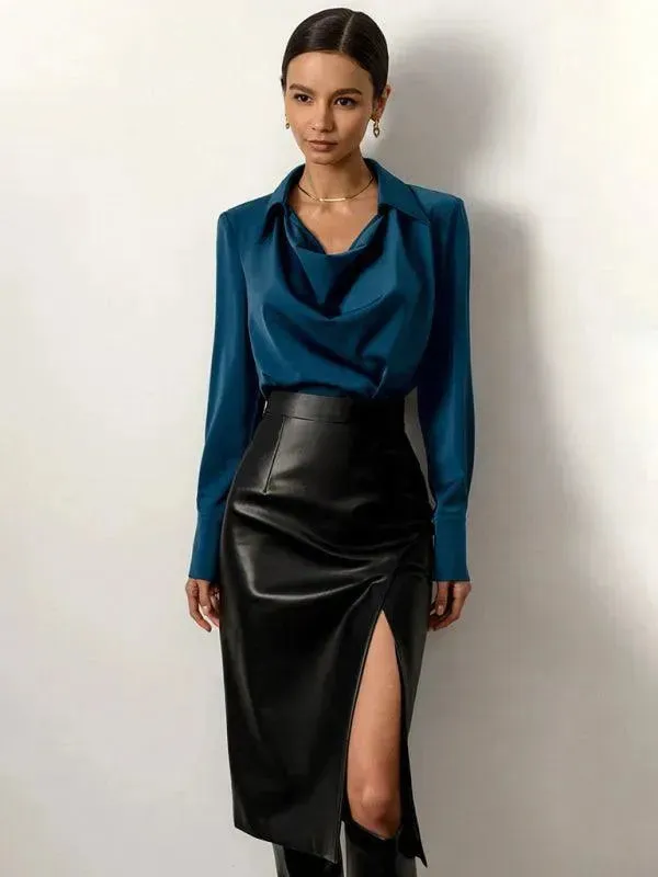 High Waist Leather Sheath Skirt with Slit