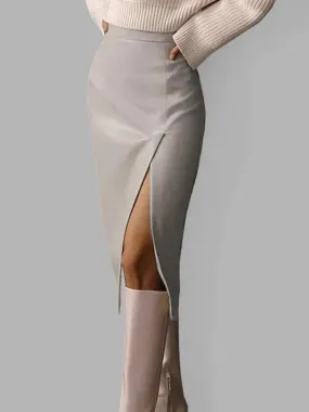 High Waist Leather Sheath Skirt with Slit