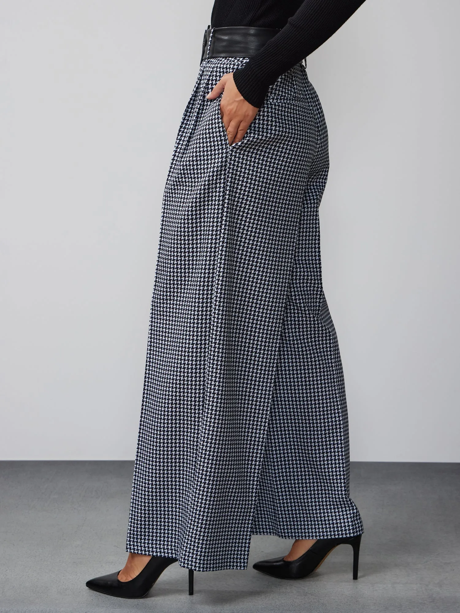 Houndstooth Belted Wide Leg Pant