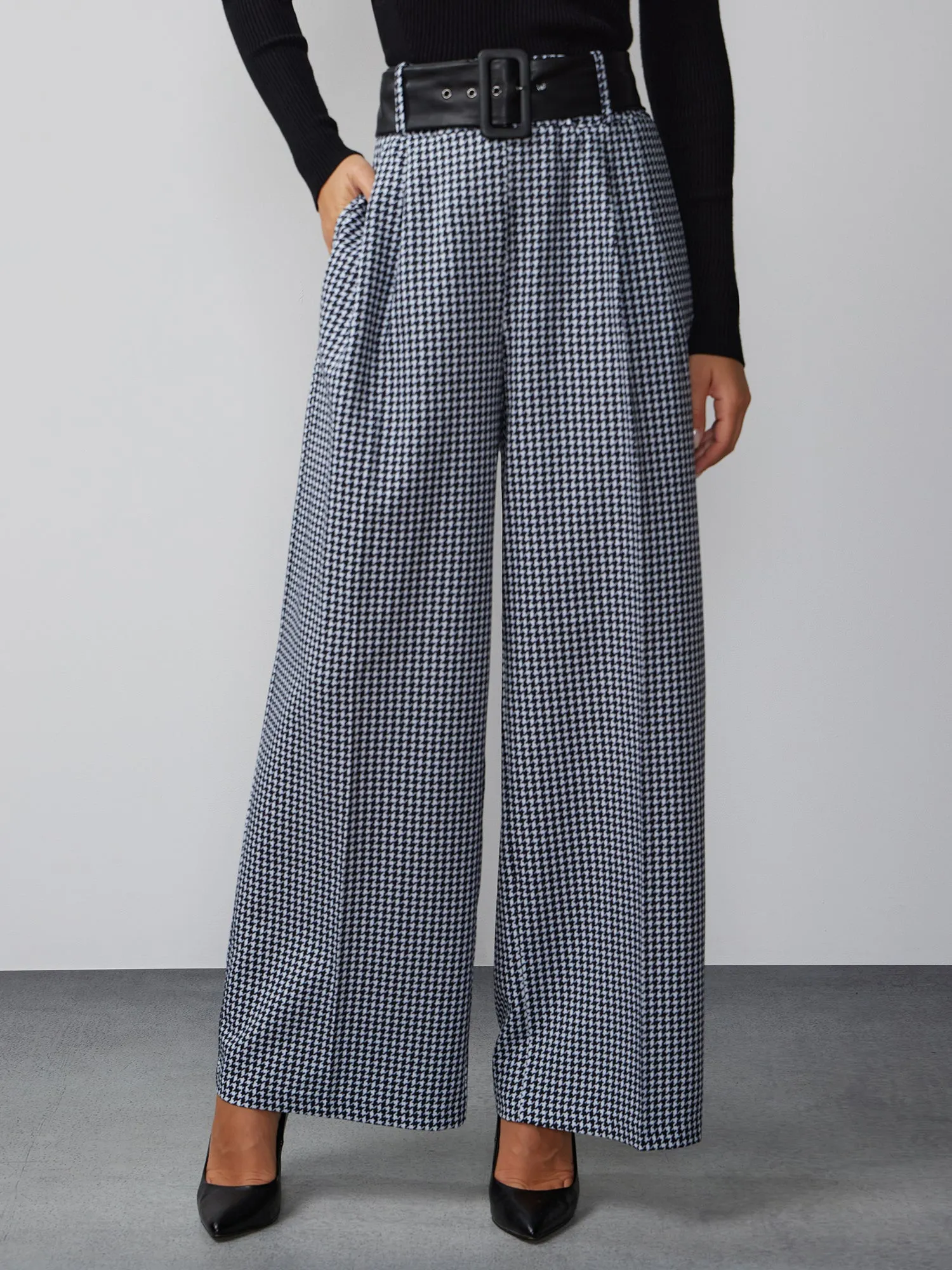 Houndstooth Belted Wide Leg Pant