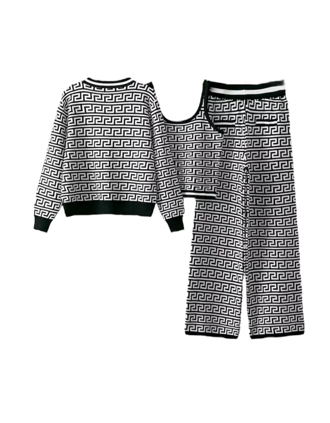 Houndstooth Jacquard Knit Three Piece Pants Set