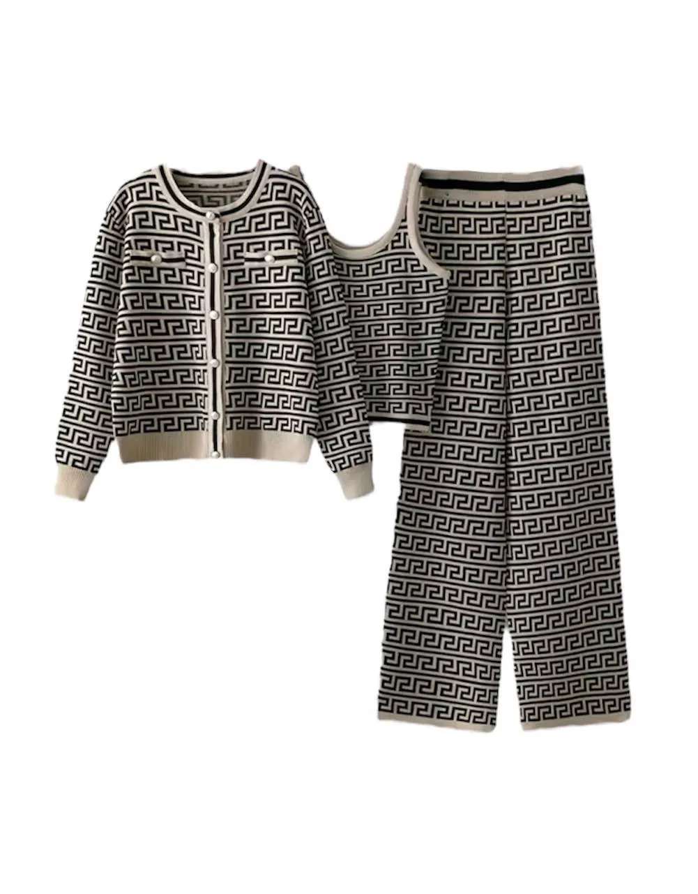 Houndstooth Jacquard Knit Three Piece Pants Set