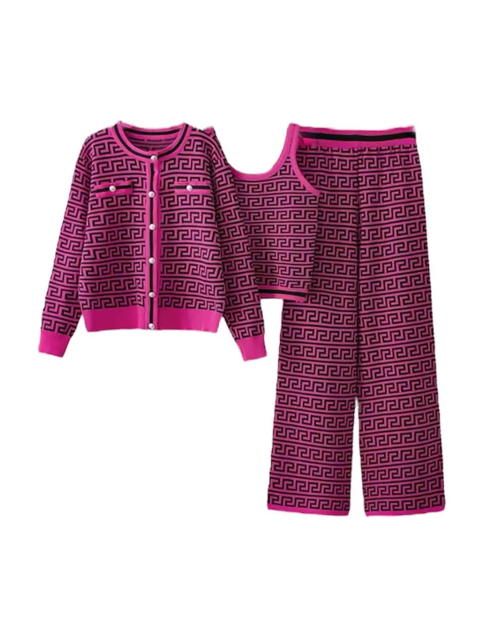 Houndstooth Jacquard Knit Three Piece Pants Set