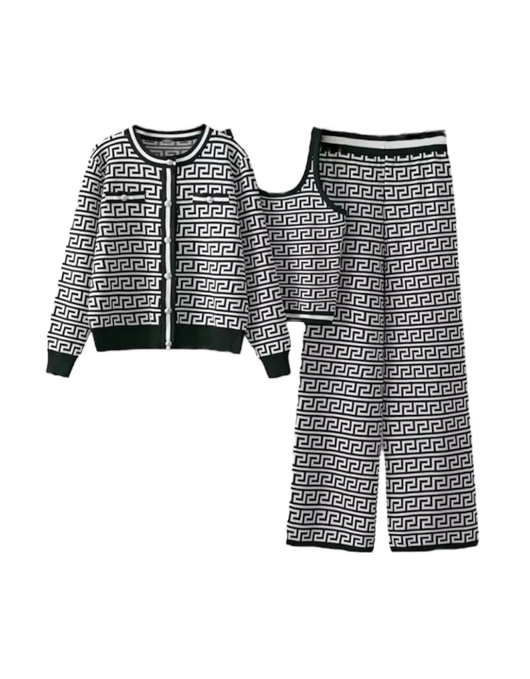 Houndstooth Jacquard Knit Three Piece Pants Set