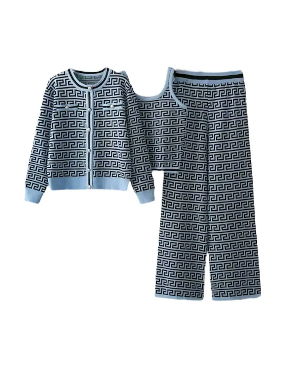 Houndstooth Jacquard Knit Three Piece Pants Set