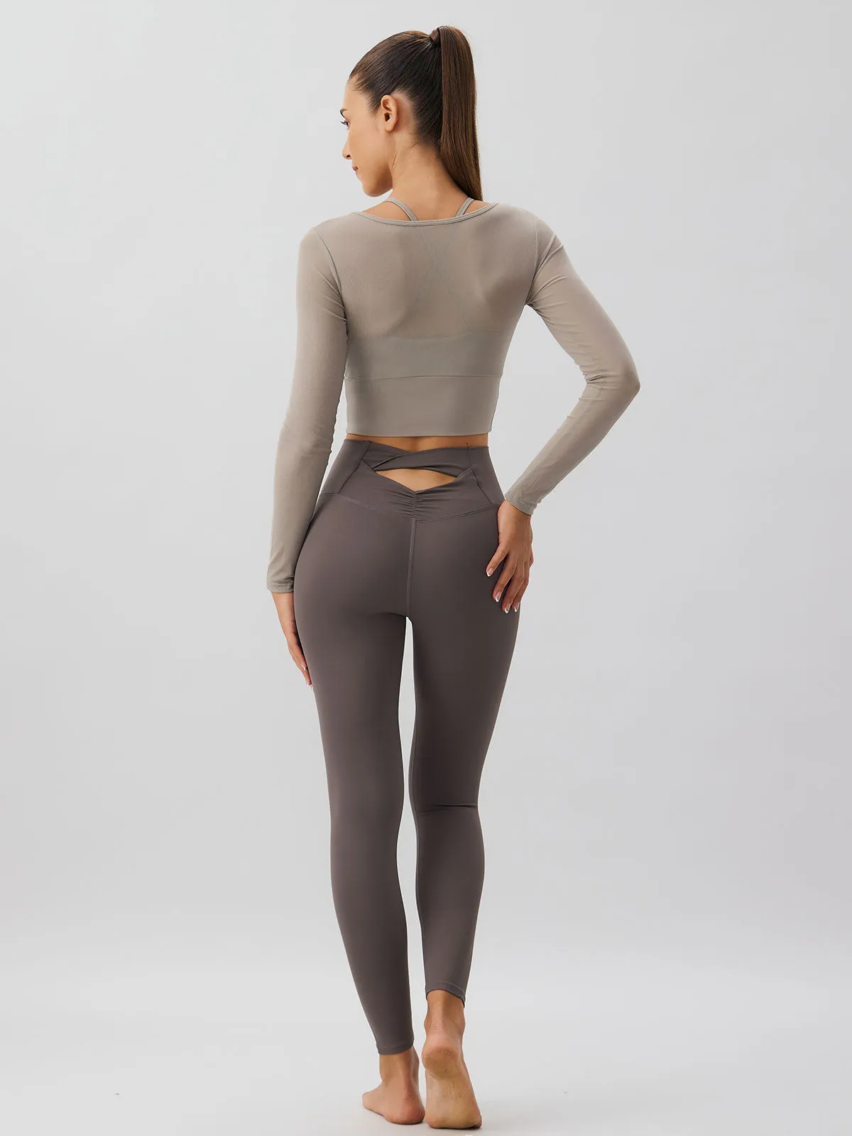 Khaki Cut Out Long Sleeve Top--Light Support