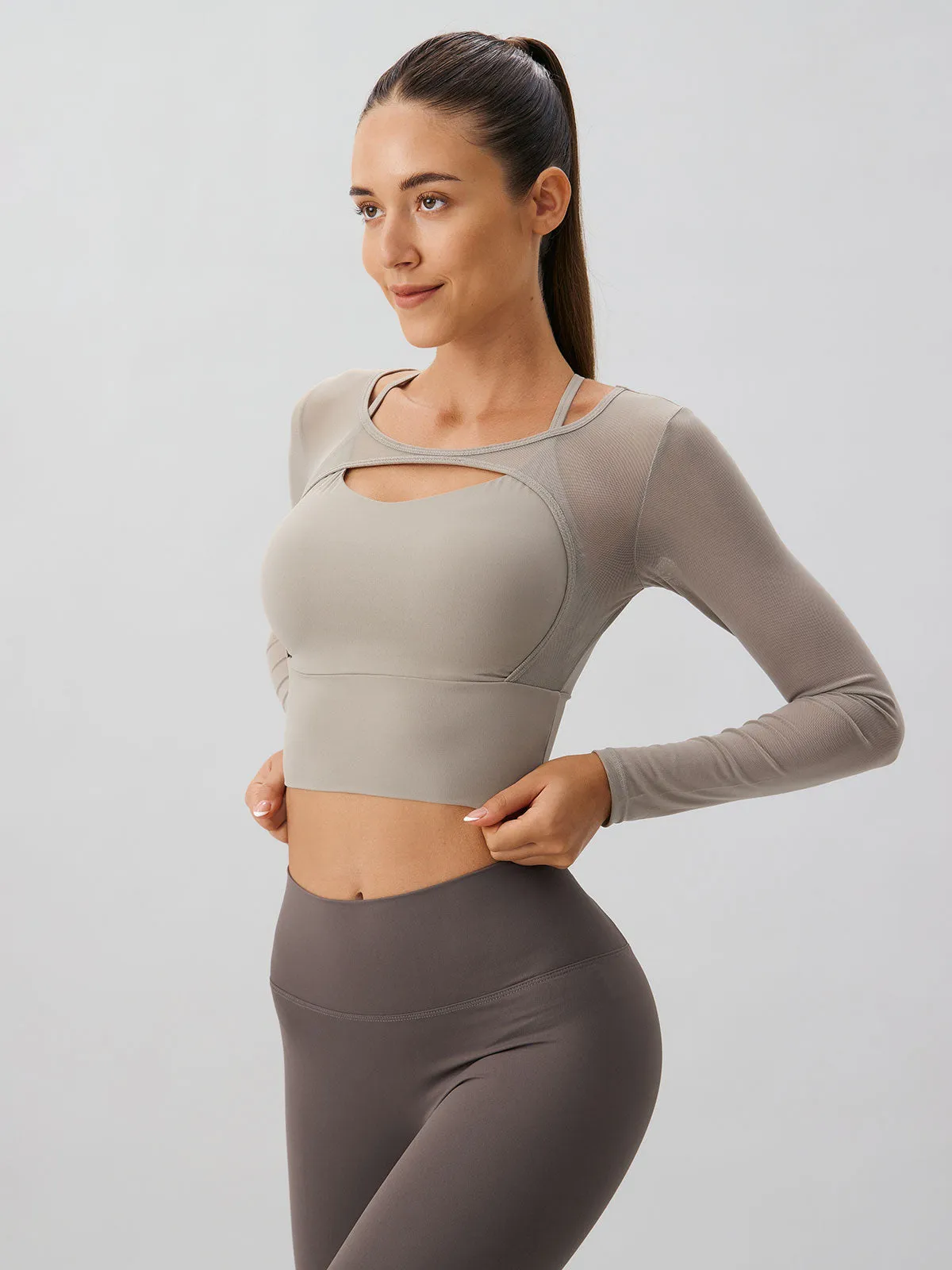 Khaki Cut Out Long Sleeve Top--Light Support