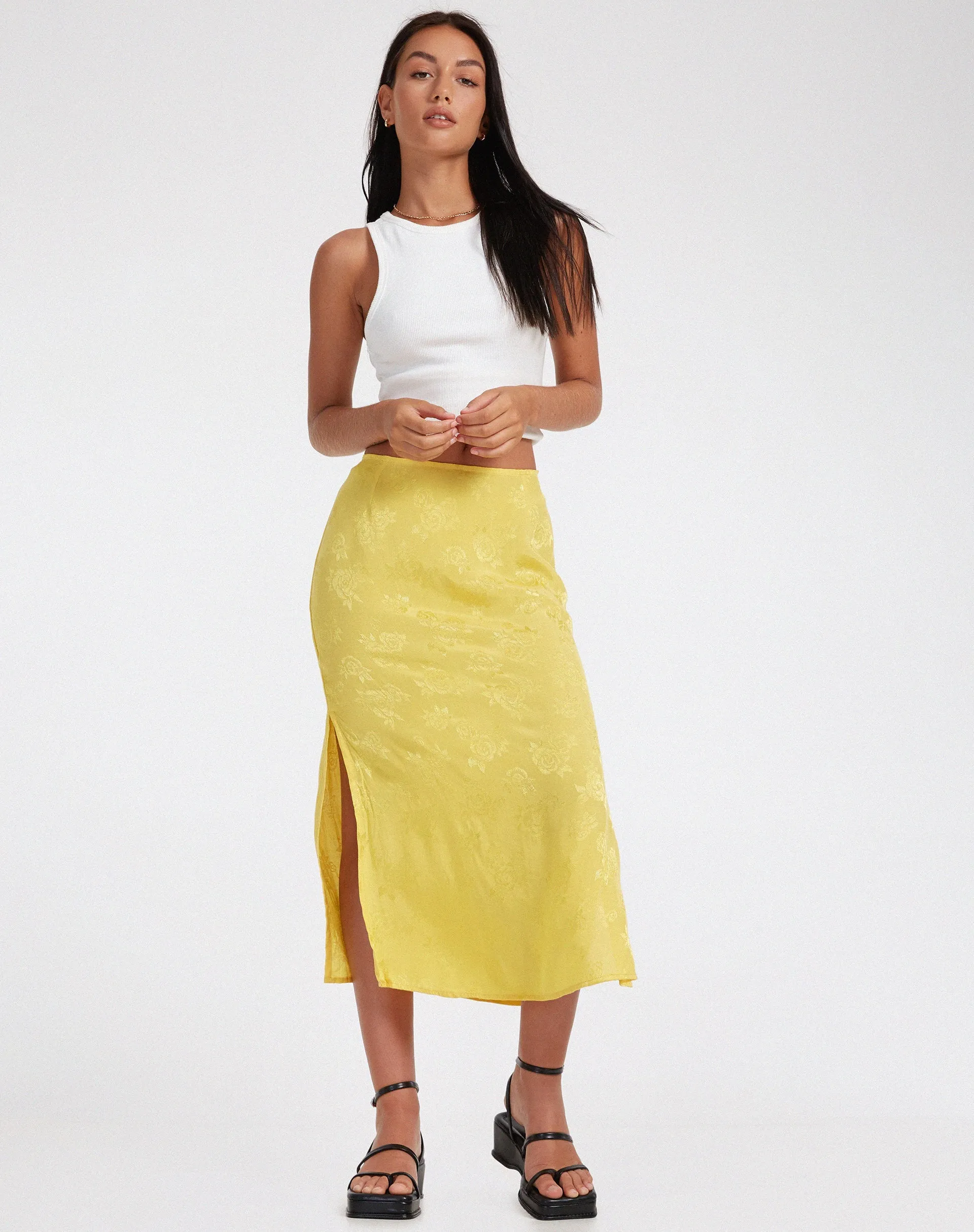 Kindra Midi Skirt in Satin Rose Sunshine Yellow