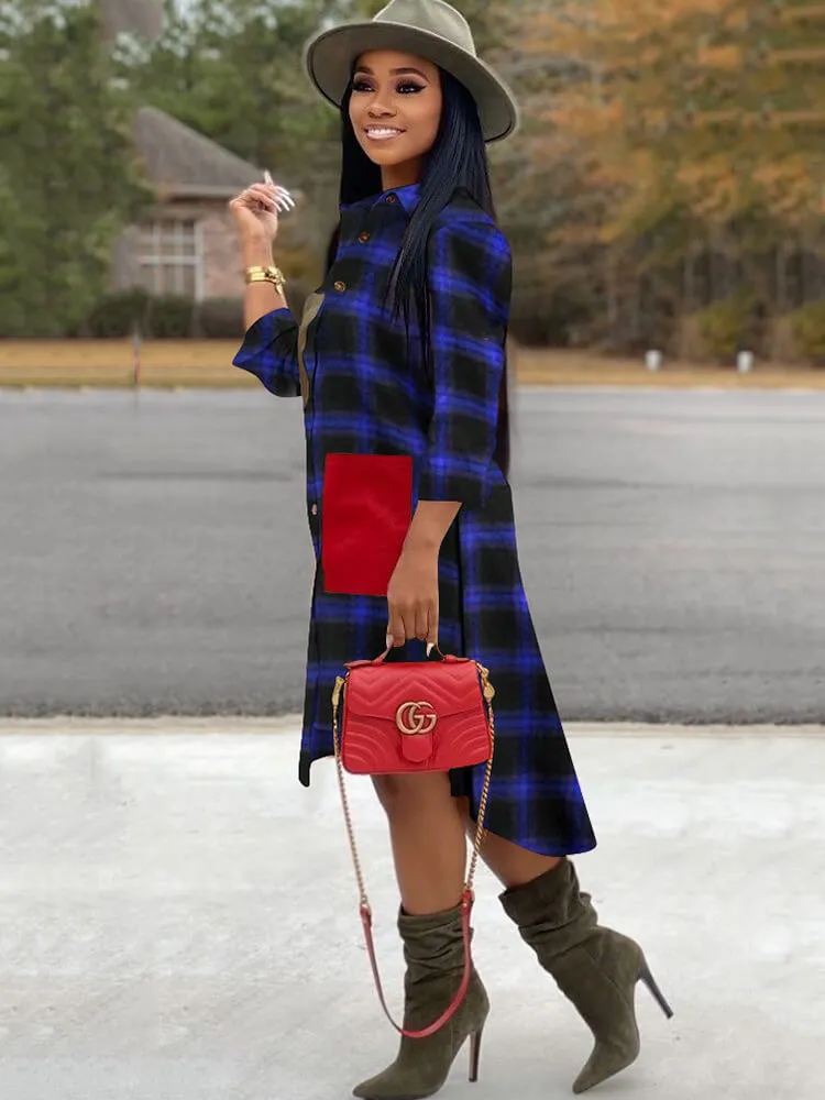 Long Sleeve Plaid Print Asymmetrical Mini Dresses