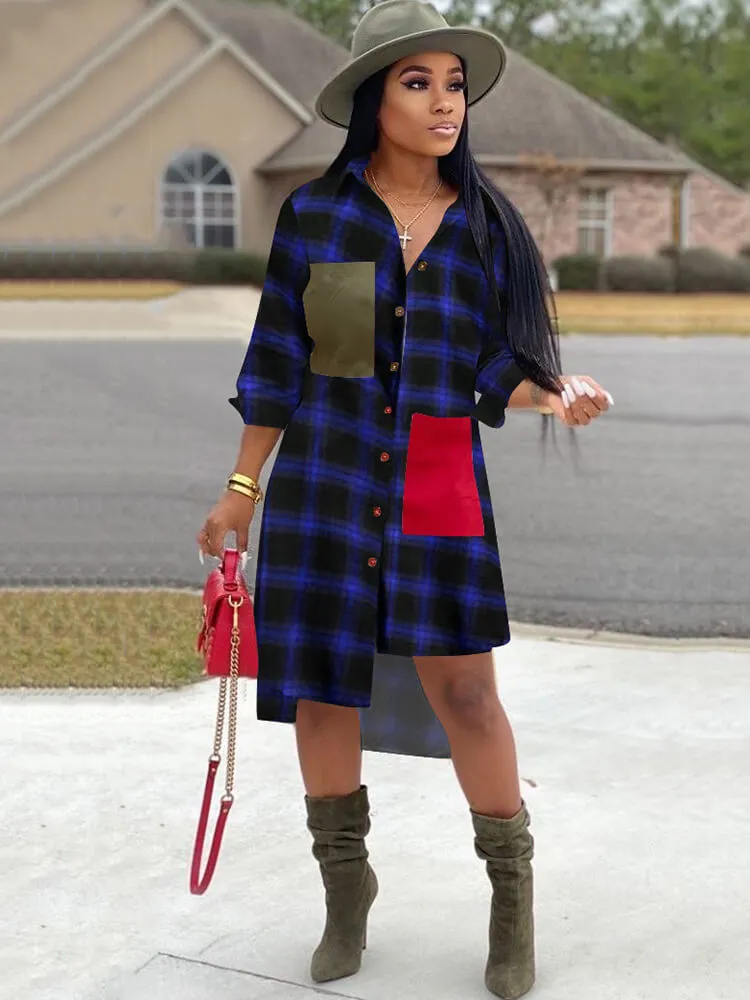 Long Sleeve Plaid Print Asymmetrical Mini Dresses