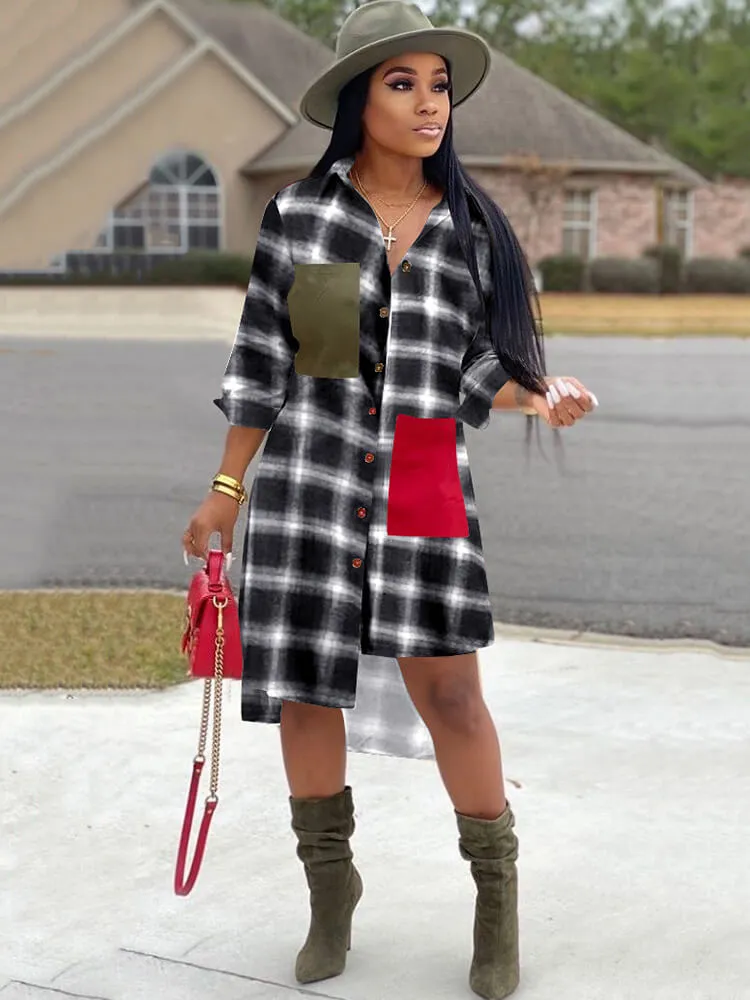 Long Sleeve Plaid Print Asymmetrical Mini Dresses