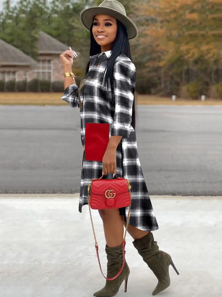 Long Sleeve Plaid Print Asymmetrical Mini Dresses