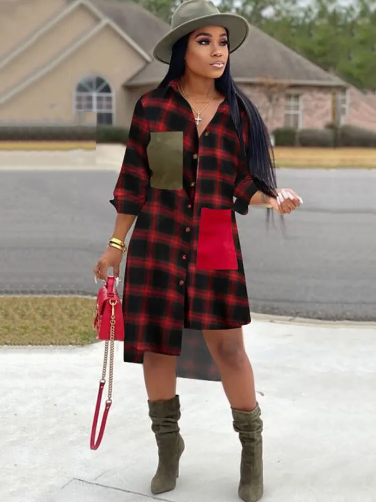 Long Sleeve Plaid Print Asymmetrical Mini Dresses