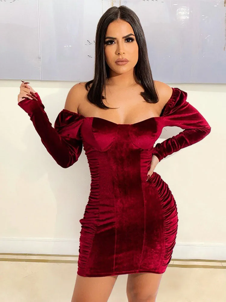 Long Sleeve Velvet Ruched Mini Dresses