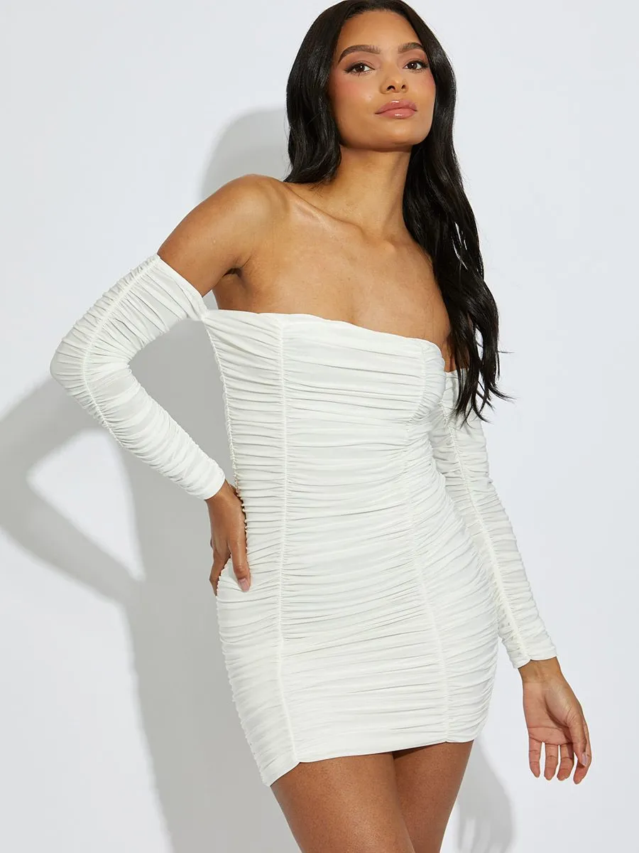 Maria Slinky Ruched Bardot Bodycon Dress In White