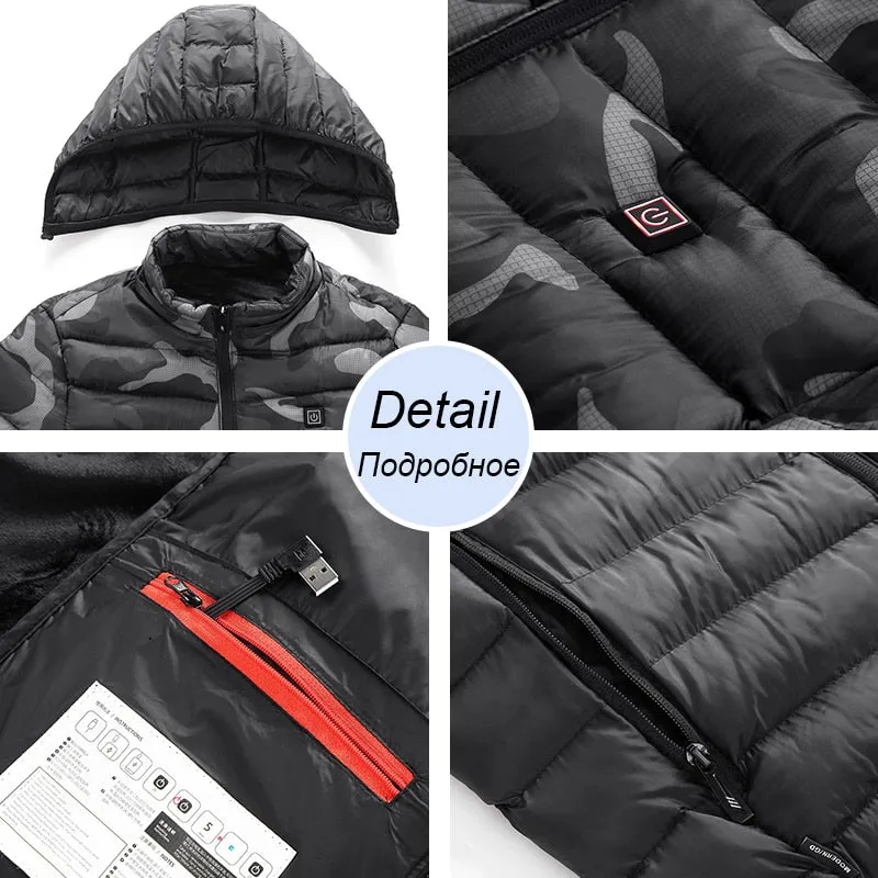 Men Winter Warm USB Heating Fleece Jackets Smart Thermostat Detachable Hooded Heated Waterproof Parkas